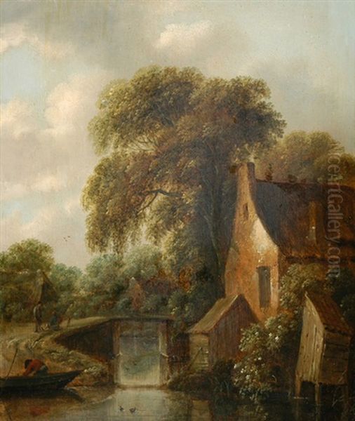 Flusslandschaft Mit Haus, Boot Und Figurenstaffage - view 1