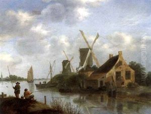 Bord De Riviere Avec Pecheurs Et Moulins