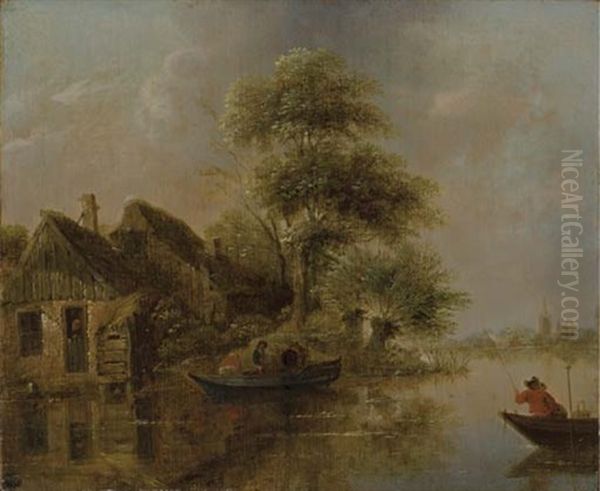 A River Landscape With Fishermen In A Boat - view 1