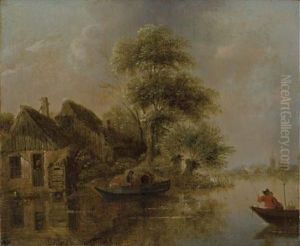 A River Landscape With Fishermen In A Boat by Nicolaes Molenaer