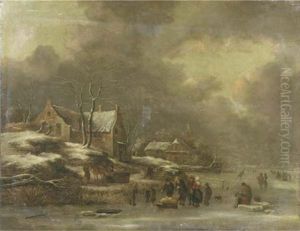 A Winter Landscape With Figures Skating On Frozen Water, A Village Nearby A Winter Landscape With Figures Skating On Frozen Water, A Village Nearby