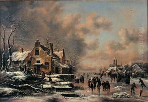 A Winter Landscape With Figures Skating On A Frozen River Before A House, Children Playing Kolf In The Foreground