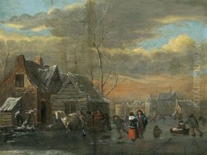 Ein Dorf Im Winter Mit Schlittschuhlaufern Und Einem Pferdekarren by Nicolaes Molenaer
