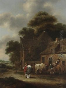 Vornehme Gesellschaft Bei Einer Schenke Einen Halt Einlegend by Nicolaes Molenaer