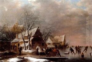 A Winter Landscape With Figures Skating On A Frozen River, A View To A Village Beyond