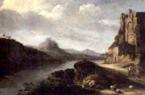 An Extensive Italianate River Landscape With Figures Resting Near Ruins