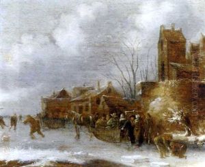 A Winter Landscape With Figures On A Frozen Canal