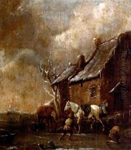 A Winter Landscape With Figures Skating And Playing Kolf On A Frozen River By A Farm by Nicolaes Molenaer