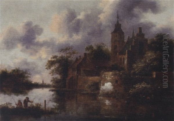 A River Landscape With A Rowing Boat By A Fortified Town, Anglers In The Foreground - view 1