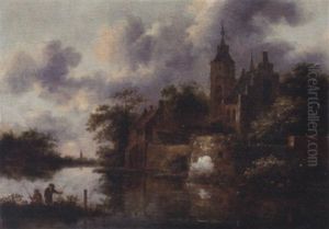 A River Landscape With A Rowing Boat By A Fortified Town, Anglers In The Foreground