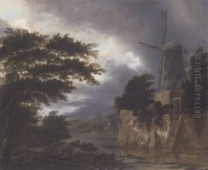 A Wooded River Landscape With A Windmill by Nicolaes Molenaer