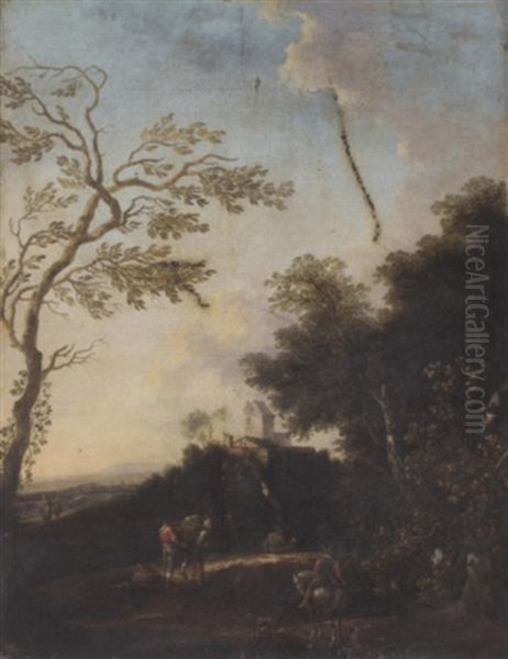 A Wooded Landscape With Travellers On A Track - view 1