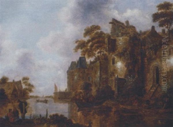 A River Landscape With Rowing Boats By A Fortified Town, Conversing Figures On The River Bank In The Foreground - view 1