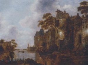 A River Landscape With Rowing Boats By A Fortified Town, Conversing Figures On The River Bank In The Foreground