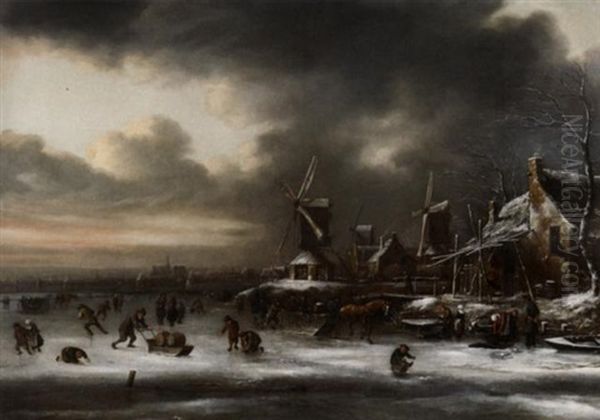 Winterbild. Reges Treiben Auf Dem Eis Vor Einer Hollandischen Stadt. Aufziehende Gewitterwolken - view 1