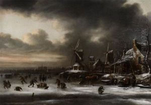 Winterbild. Reges Treiben Auf Dem Eis Vor Einer Hollandischen Stadt. Aufziehende Gewitterwolken