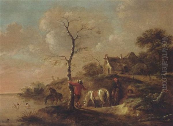 A Wooded Landscape With Travellers Watering Their Horses, Figures Swimming And A Horseman On A Path Near A Farm - view 1