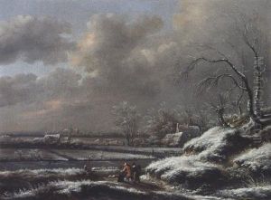 A Winter Landscape With A Man Pushing A Sledge, A View Of Haarlem With The Cathedral Of St. Bravo Beyond by Nicolaes Molenaer
