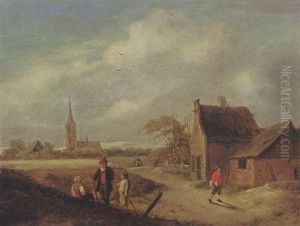 A Landscape With Travellers Resting And Figures On A Path Near A Farm, A Church Beyond