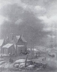 Paysage De Neige Pres D'une Riviere Gelee Animee De Promeneurs