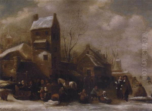 A Winter Landscape With Numerous Figures Gathered Outside An Inn - view 1