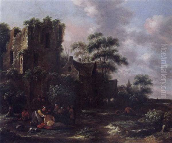 A Village Scene With Peasants And Their Children Near A Ruined Tower, A Tavern With Horsemen And Other Figures In The Background - view 1