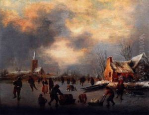 Scene De Patineurs Sur Un Lac Gele by Nicolaes Molenaer