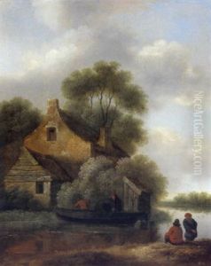 Bauernhaus An Einem Fluss Mit Einem Boot Und Bauern Bauernhaus An Einem Fluss Mit Einem Boot Und Bauern