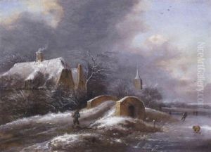 Ein Dorf Im Winter Mit Einem Reisenden Und Schlittschuhlaufern