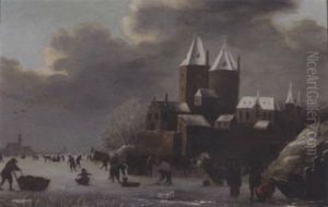 A Winter Landscape With Peasants Skating On A Frozen River Before A Castle by Nicolaes Molenaer