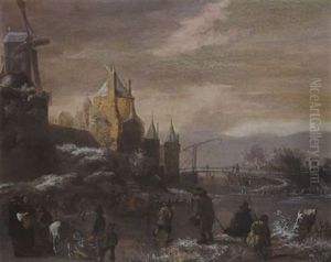 A Winter Landscape With Skaters, Two Horsedran Sledges And Other Figures Before The Walls Of The City by Nicolaes Molenaer