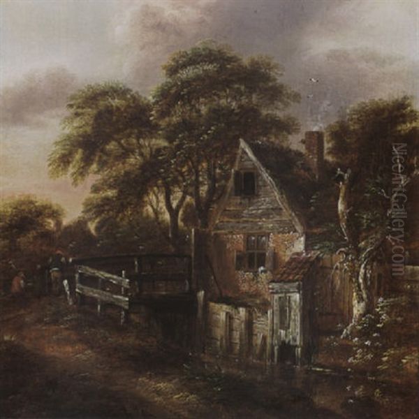 A Wooded Landscape With A Farm Near A Stream, And Figures On A Bridge - view 1