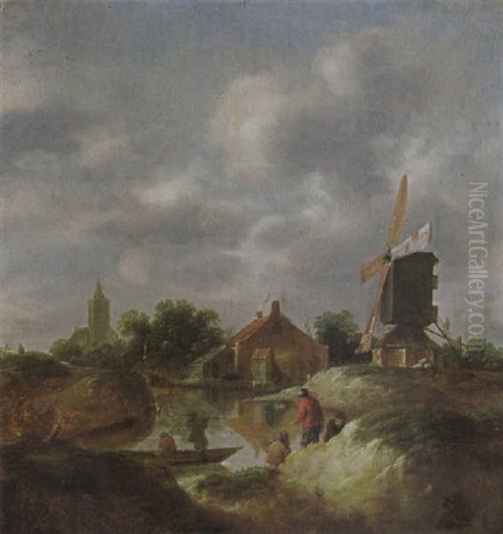 A River Landscape With Figures Fishing Near A Windmill, A Church Beyond - view 1