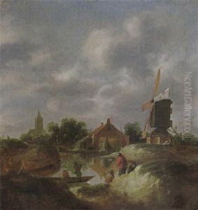 A River Landscape With Figures Fishing Near A Windmill, A Church Beyond A River Landscape With Figures Fishing Near A Windmill, A Church Beyond
