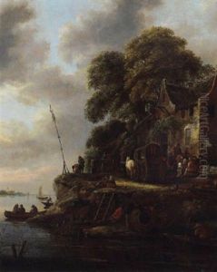 A River Landscape With Wagons And Figures Near An Inn A River Landscape With Wagons And Figures Near An Inn