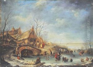 Patineurs Sur Une Riviere Gelee, Un Village A L'arriere-plan