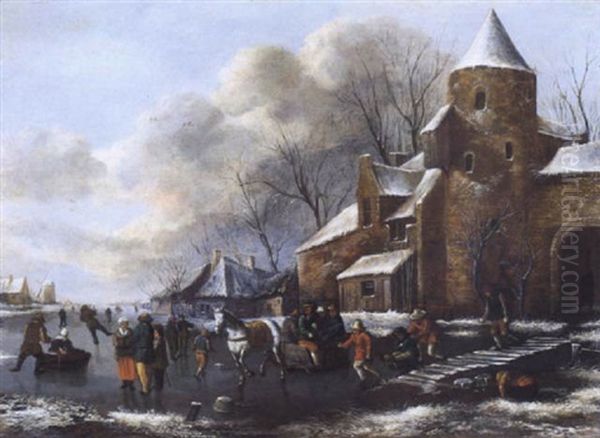 Winterlandschaft Mit Schlittschuhlaufern Vor Den Mauer Einer Stadt - view 1