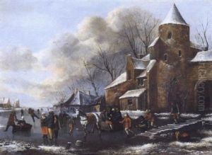 Winterlandschaft Mit Schlittschuhlaufern Vor Den Mauer Einer Stadt Winterlandschaft Mit Schlittschuhlaufern Vor Den Mauer Einer Stadt