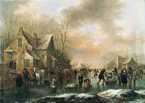 Winter Landscape With Numerous Figures Upon A Frozen Canal In A Village - view 1