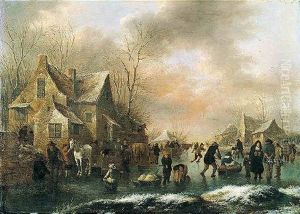 Winter Landscape With Numerous Figures Upon A Frozen Canal In A Village by Nicolaes Molenaer