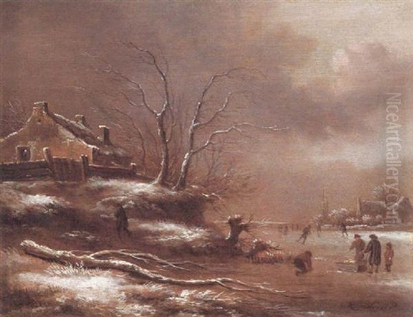 Winter Scene With Figures Beside A Frozen River - view 1