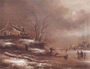 Winter Scene With Figures Beside A Frozen River by Nicolaes Molenaer