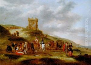 Dunenlandschaft Mit Wachtturm Und Zahlreichen Personen
