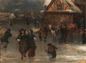 A Winter Landscape With Figures Skating And A Horse-drawn Cart by Nicolaes Molenaer