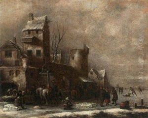 A Winter Landscape With Figures Skating And Horse-drawn Sleighs Near City Walls