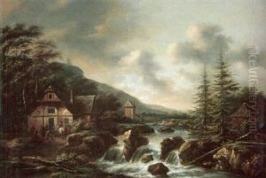 Scandinavian Landscape With Figures Outside A Tavern By A Waterfall Scandinavian Landscape With Figures Outside A Tavern By A Waterfall