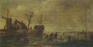 A Winter Landscape With Skaters And Other Figures On A Frozen River Beside A Windmill And Cottages A Winter Landscape With Skaters And Other Figures On A Frozen River Beside A Windmill And Cottages