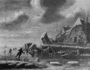 Een Winterlandschap Met Figuren Op Het Ijs by Nicolaes Molenaer