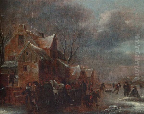 Travellers And Villagers On A Frozen River By A Cottage - view 1