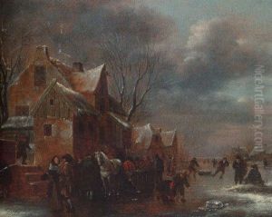 Travellers And Villagers On A Frozen River By A Cottage by Nicolaes Molenaer